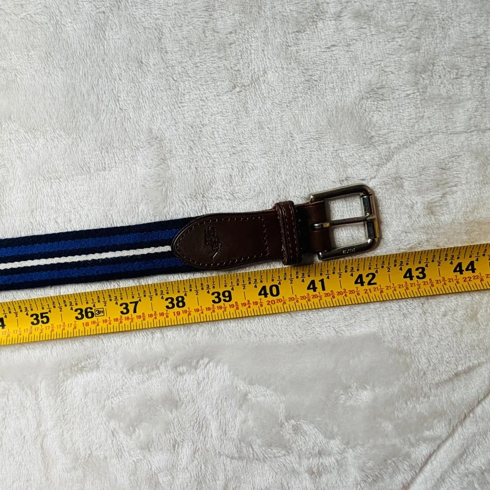 Polo Golf Ralph Lauren Navy Blue White Stripe Brown Leather Woven Fabric Belt 38
